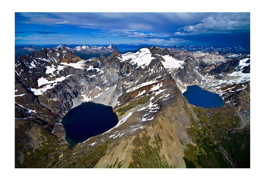 Snow and ice draped peaks cradle two remote turquoise glacial lakes. Martial Mountains, Fuegian Andes, Tierra del Fuego Archipelago, Strait of Magellan, Tierra del Fuego Province, Patagonia, Argentina.