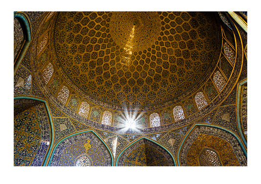 The beautiful and intricate tiled patterns on the dome of the Sheikh Lotfollah Mosque. Sheikh Lotfollah Mosque, Naqsh-e Jahan Square, Isfahan, Isfahan Province, Islamic Republic of Iran. 

