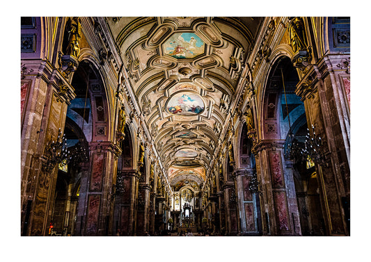 The ornate ceiling, pillars and nave of the catholic church, Santiago Metropolitan Cathedral. Santiago, Chile.